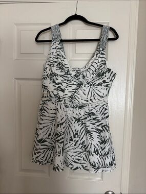 Anne Cole White and Dark Green Printed One-Piece Swimdress